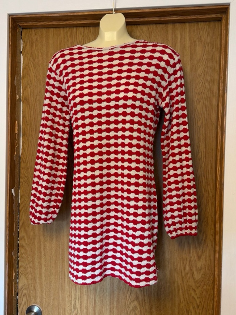 Zara Red and White Geometric Long-Sleeve Knit Dress